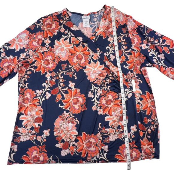 Jaclyn Smith Blouse 3X Blue Large Floral Pattern Faux Wrap Romantic Boho Top - Picture 3 of 9